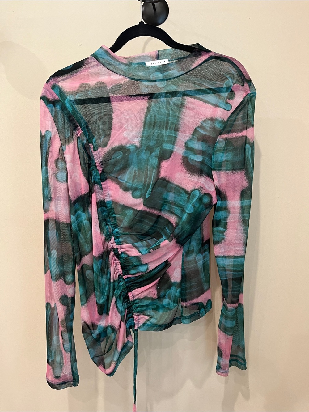 Topshop Pink & Teal Ruched Mesh Long-Sleeve Top